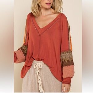 POL Rust and Brown V-Neck Blouse